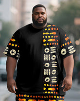 Men's Plus Size Black Orange Geometric Print Short Sleeve T-Shirt Shorts Suit